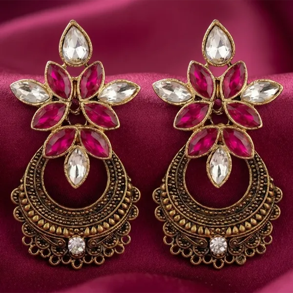 The99jewel_Antique_Gold_Floral_Stone_Chandbali_Earrings_For_Women_Pink