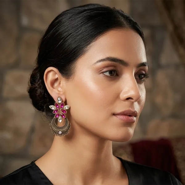 The99jewel_Antique_Gold_Floral_Stone_Chandbali_Earrings_For_Women_Pink