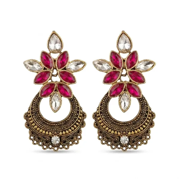 The99jewel_Antique_Gold_Floral_Stone_Chandbali_Earrings_For_Women_Pink
