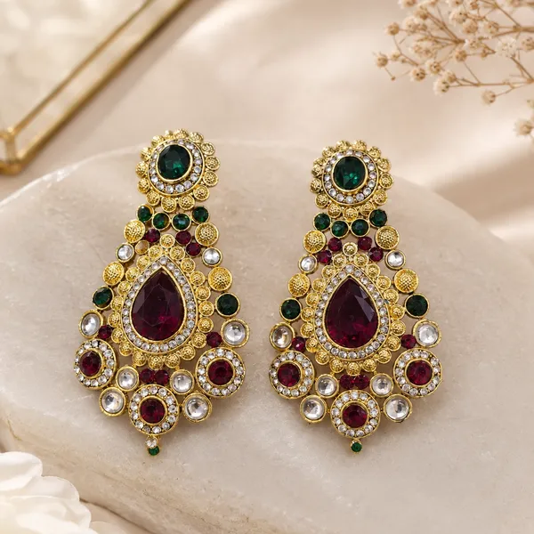 The99jewel_Designer_Maroon_Green_Gold_Plated_Kundan_Earrings_Maroon_And_Green