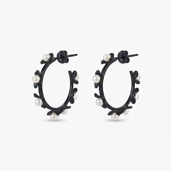 The99jewel_Black_Floral_Pearl_Hoop_Earrings_For_Women_Black