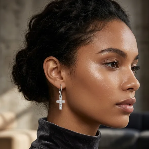 The99jewel_Silver_Plated_Austrian_Stone_Cross_Shape_Hoop_Earrings_For_Women_Silver