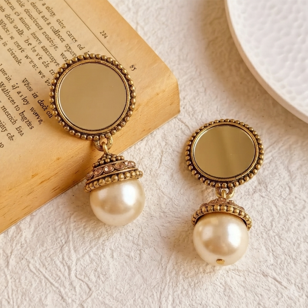 The99jewel_Traditional_Antique_Gold_Plated_Mirror_Stone_Pearl_Earrings_For_Women_Gold