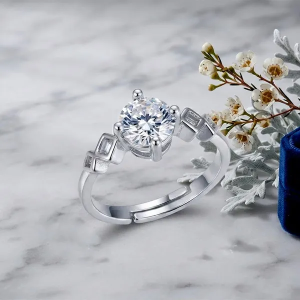 The99jewel_Silver_Plated_Cz_Solitaire_Adjustable_Ring_With_Box_Silver