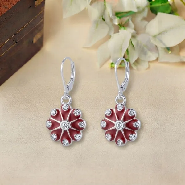 The99jewel_Elegant_Silver_Plated_Austrian_Stone_Floral_Shape_Hoop_Earrings_Red