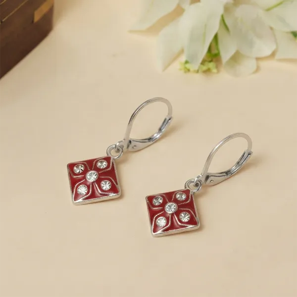 The99jewel_Stylish_Wear_Silver_Plated_Austrian_Stone_Square_Shape_Hoop_Earrings_Red