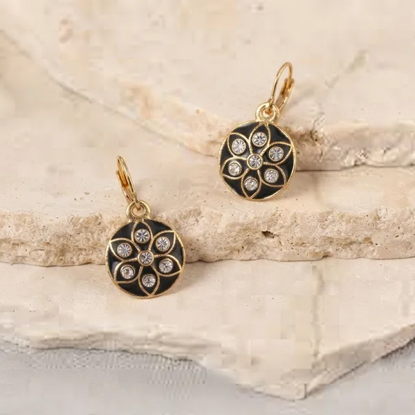 The99jewel_Glamorous_Gold_Plated_Floral_Design_Hoop_Earrings_Black