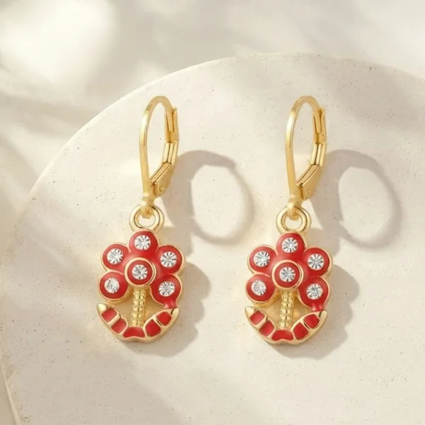 The99jewel_Glamorous_Gold_Plated_Floral_Design_Hoop_Earrings_Red