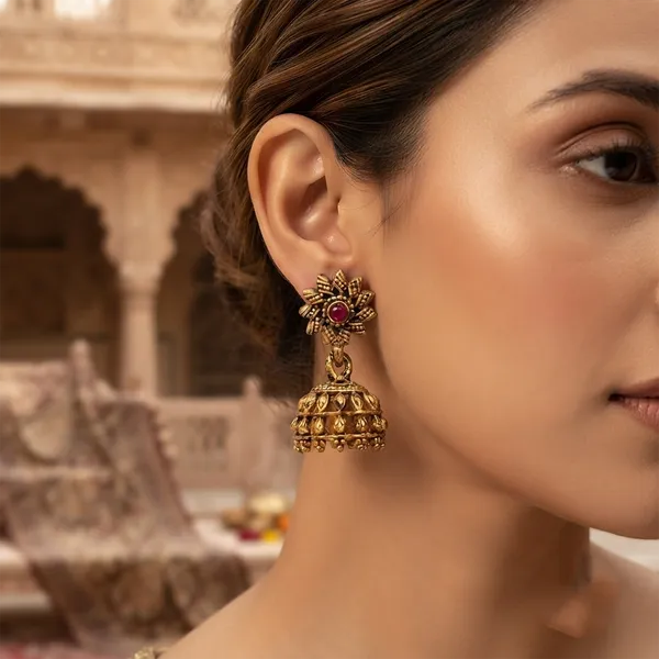 The99jewel_Antique_Gold_Plated_Temple_Jhumki_Earrings_Pink