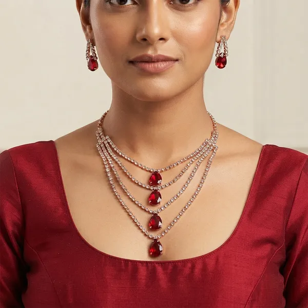 The99jewel_Elegant_Rose_Gold_Plated_Crystal_Stone_4_Layer_Necklace_Set_For_Women_Red