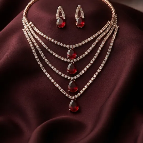 The99jewel_Elegant_Rose_Gold_Plated_Crystal_Stone_4_Layer_Necklace_Set_For_Women_Red