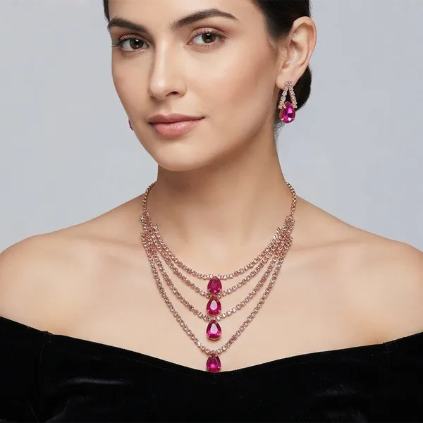 The99jewel_Elegant_Rose_Gold_Plated_Crystal_Stone_4_Layer_Necklace_Set_For_Women_Pink