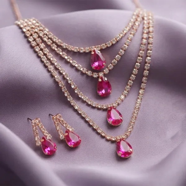 The99jewel_Elegant_Rose_Gold_Plated_Crystal_Stone_4_Layer_Necklace_Set_For_Women_Pink