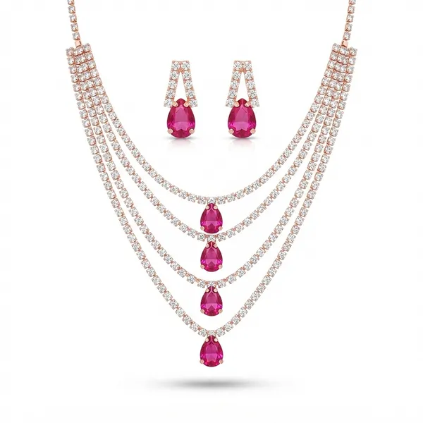 The99jewel_Elegant_Rose_Gold_Plated_Crystal_Stone_4_Layer_Necklace_Set_For_Women_Pink