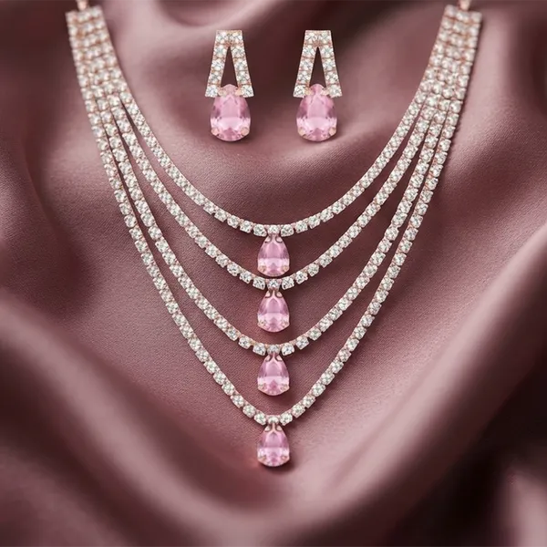 The99jewel_Elegant_Rose_Gold_Plated_Crystal_Stone_4_Layer_Necklace_Set_For_Women_Light_Pink