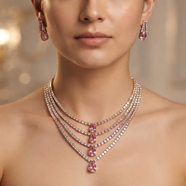 The99jewel_Elegant_Rose_Gold_Plated_Crystal_Stone_4_Layer_Necklace_Set_For_Women_Light_Pink