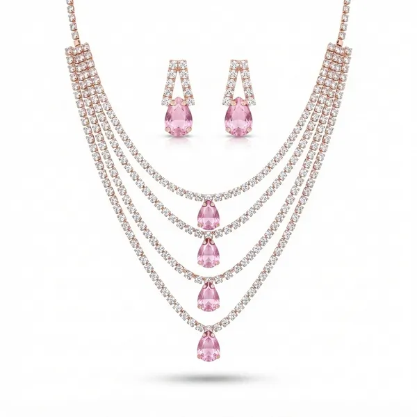 The99jewel_Elegant_Rose_Gold_Plated_Crystal_Stone_4_Layer_Necklace_Set_For_Women_Light_Pink