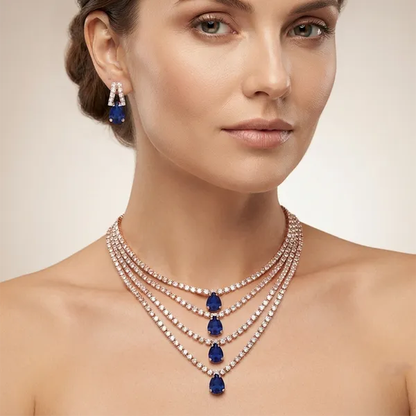 The99jewel_Elegant_Rose_Gold_Plated_Crystal_Stone_4_Layer_Necklace_Set_For_Women_Blue
