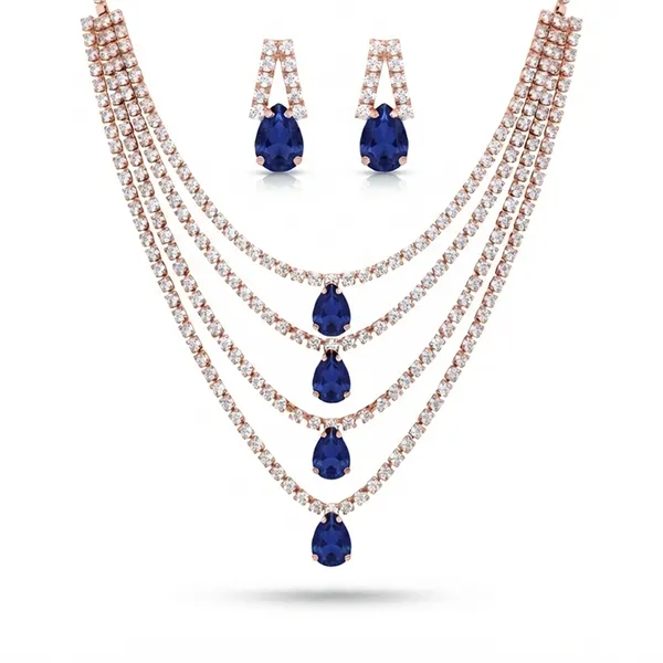 The99jewel_Elegant_Rose_Gold_Plated_Crystal_Stone_4_Layer_Necklace_Set_For_Women_Blue