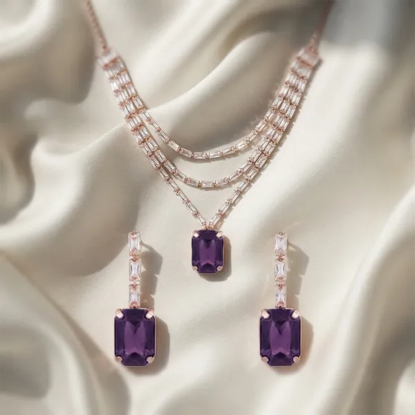 The99jewel_Elegant_Rose_Gold_Plated_Crystal_Stone_Layer_Necklace_Set_For_Women_Purple