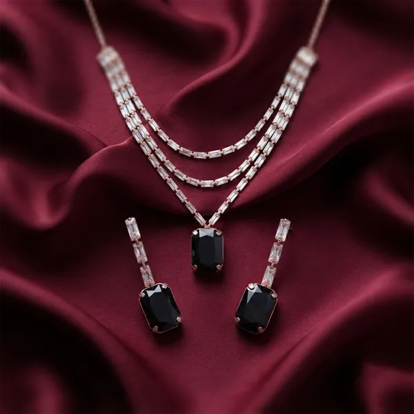 The99jewel_Elegant_Rose_Gold_Plated_Crystal_Stone_Layer_Necklace_Set_For_Women_Black