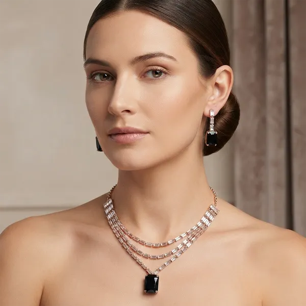 The99jewel_Elegant_Rose_Gold_Plated_Crystal_Stone_Layer_Necklace_Set_For_Women_Black