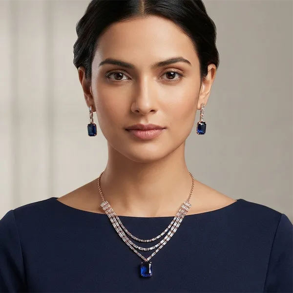 The99jewel_Elegant_Rose_Gold_Plated_Crystal_Stone_Layer_Necklace_Set_For_Women_Blue
