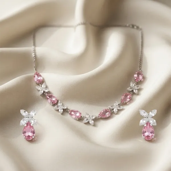The99jewel_Elegant_Silver_Plated_Crystal_Stone_Necklace_Set_For_Women_Pink