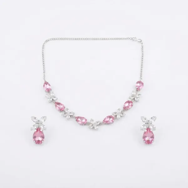 The99jewel_Elegant_Silver_Plated_Crystal_Stone_Necklace_Set_For_Women_Pink