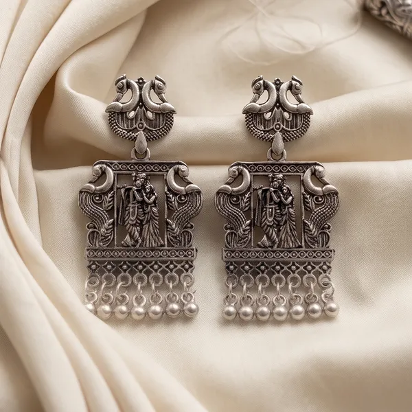 The99jewel_Oxidised_Plated_Peackock_Tempel_Pearl_Dangler_Earrings_Oxidised