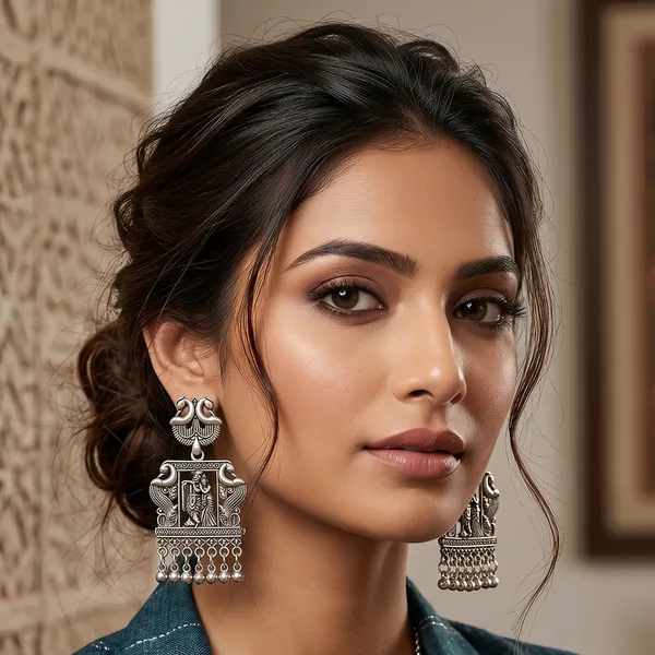 The99jewel_Oxidised_Plated_Peackock_Tempel_Pearl_Dangler_Earrings_Oxidised