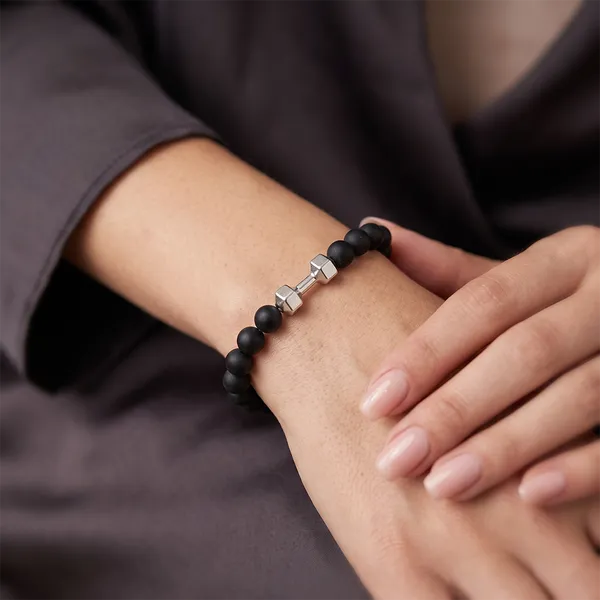 The99jewel_Premium_Matte_Stone_Bracelet_With_Dumbbell_Charm_Silver