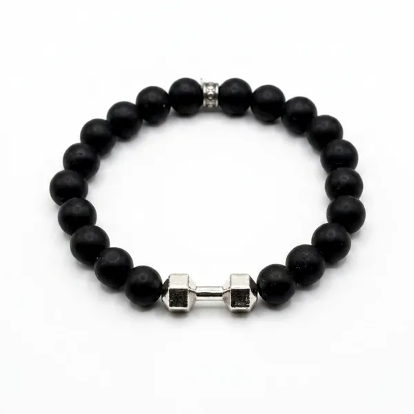 The99jewel_Premium_Matte_Stone_Bracelet_With_Dumbbell_Charm_Silver