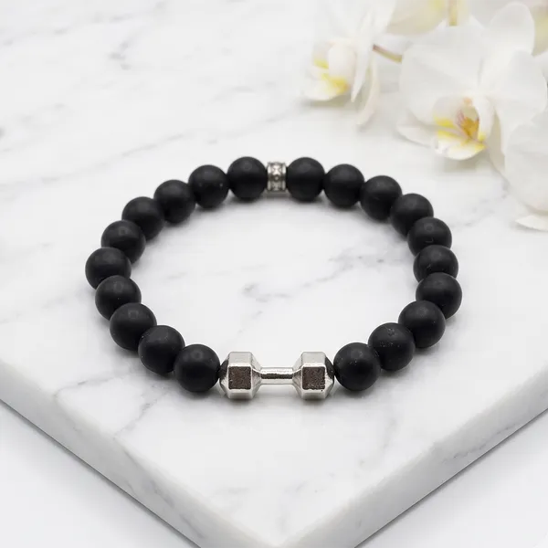 The99jewel_Premium_Matte_Stone_Bracelet_With_Dumbbell_Charm_Silver