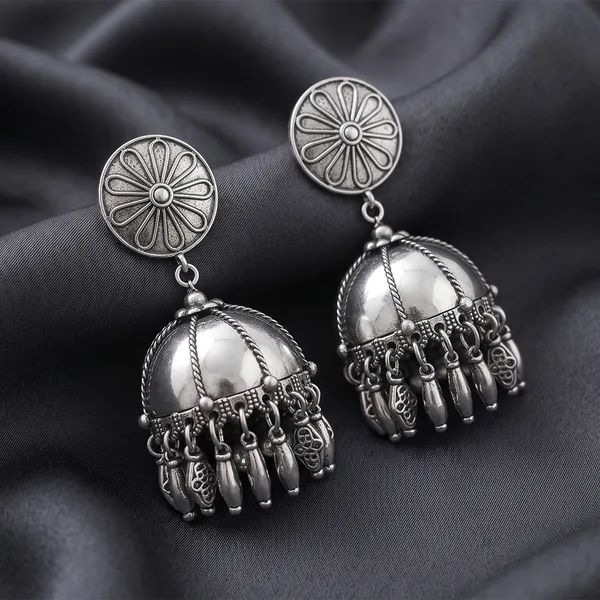 The99jewel_These_Oxidised_Silver_Jhumka_Earrings_Feature_A_Floral_Stud_For_Women_Silver
