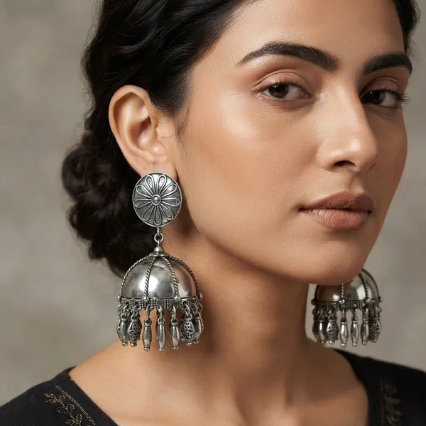 The99jewel_These_Oxidised_Silver_Jhumka_Earrings_Feature_A_Floral_Stud_For_Women_Silver