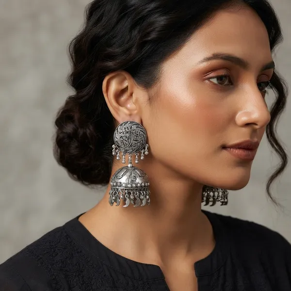 The99jewel_These_Oxidised_Silver_Jhumka_Earrings_Feature_A_Floral_Stud_For_Women_Silver