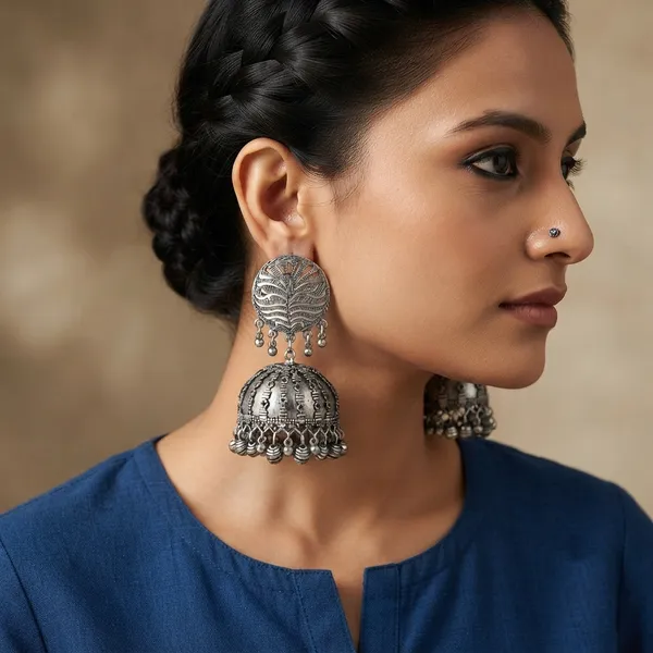 The99jewel_These_Oxidised_Silver_Jhumka_Earrings_Feature_A_Floral_Stud_For_Women_Silver