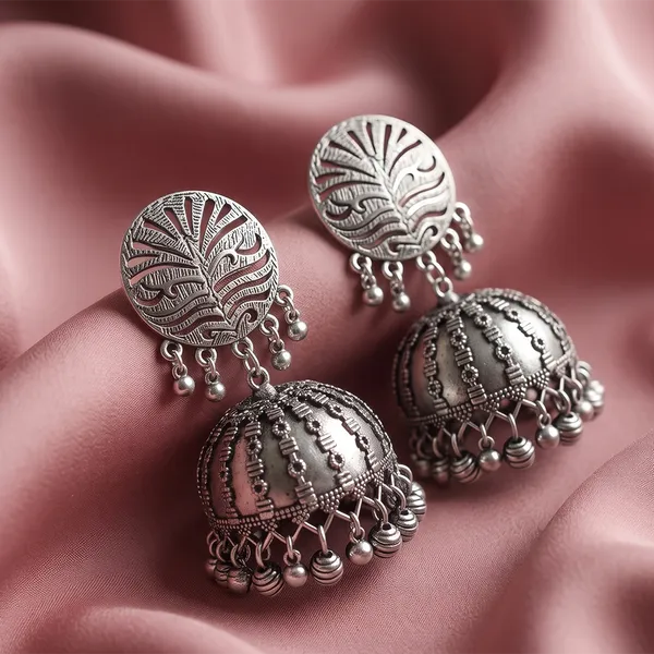 The99jewel_These_Oxidised_Silver_Jhumka_Earrings_Feature_A_Floral_Stud_For_Women_Silver