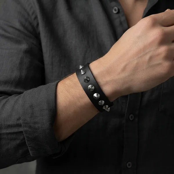 The99jewel_Black_Leather_Spiked_Cuff_Bracelet_Features_For_Mens_Assorted_Design_Black