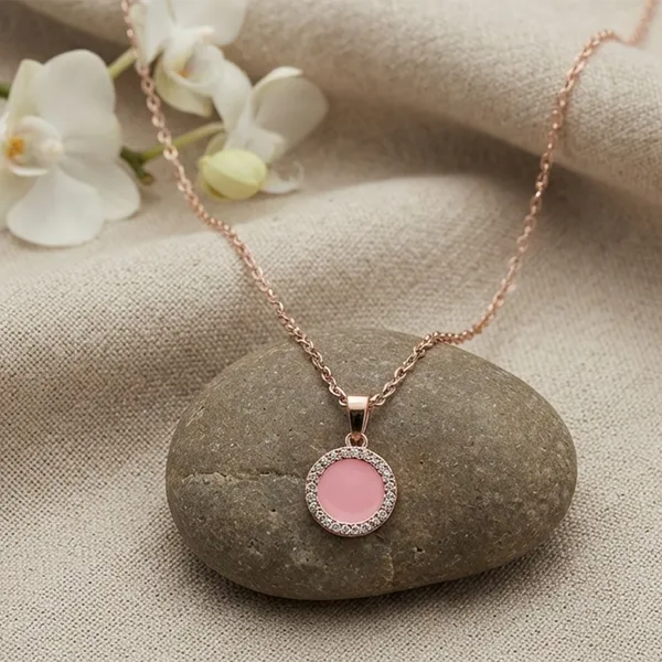 The99jewel_Sparkling_Austrian_Stone_Rose_Gold_Plated_Round_Shape_Chain_Pendant_Pink