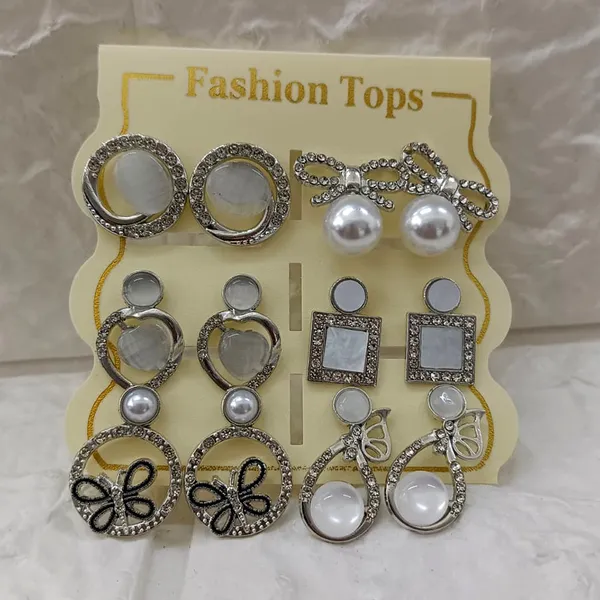 The99jewel_Silver_Plated_Pearl_Austrian_Stone_Set_Of_6_Korean_Earrings_Combo_Silver