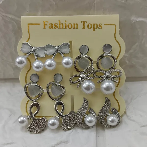 The99jewel_Silver_Plated_Pearl_Austrian_Stone_Set_Of_6_Korean_Earrings_Combo_Silver
