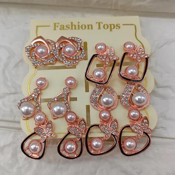 The99jewel_Rose_Gold_Plated_Pearl_Austrian_Stone_Set_Of_6_Korean_Earrings_Combo_Rose_Gold