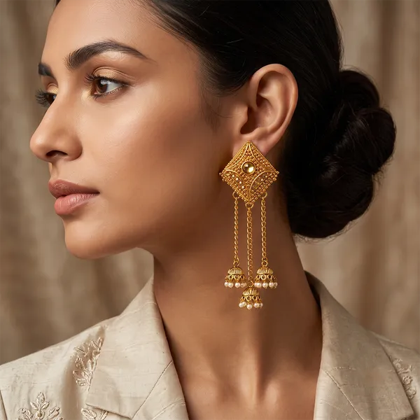 The99jewel_Festive_Gold_Plated_Chain_Kashmiri_Jhumki_Earrings_With_Austrian_Stone_Pearl_Gold