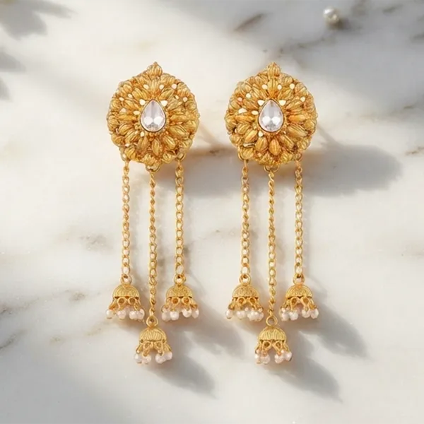 The99jewel_Traditional_Gold_Plated_Pearl_Chain_Kashmiri_Jhumki_Earrings_For_Women_Gold