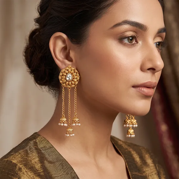 The99jewel_Traditional_Gold_Plated_Pearl_Chain_Kashmiri_Jhumki_Earrings_For_Women_Gold