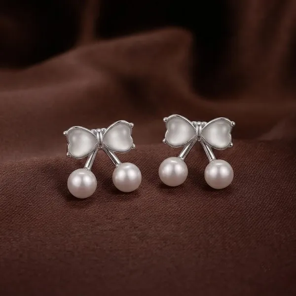 The99jewel_Silver_Plated_Bow_Shape_Austrian_Stone_Pearl_Stud_Earrings_For_Women_Silver