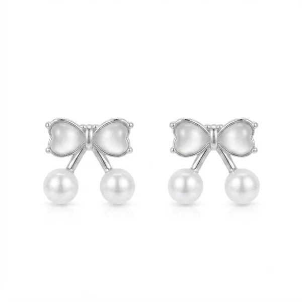 The99jewel_Silver_Plated_Bow_Shape_Austrian_Stone_Pearl_Stud_Earrings_For_Women_Silver