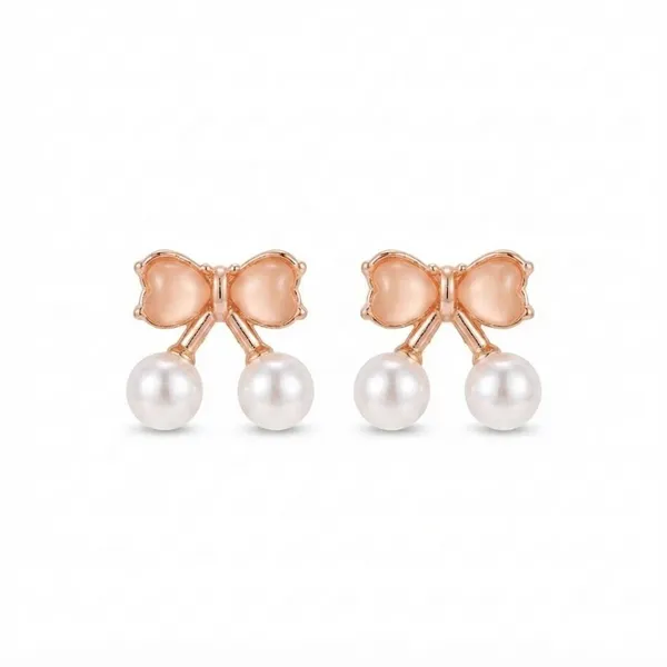 The99jewel_Rose_Gold_Plated_Bow_Shape_Austrian_Stone_Pearl_Stud_Earrings_For_Women_Rose_Gold